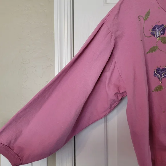 Handpainted Button Down Sweatshirt Dusty Rose w/Painted Florals Youth Sz 14/Lg - Picture 7 of 9